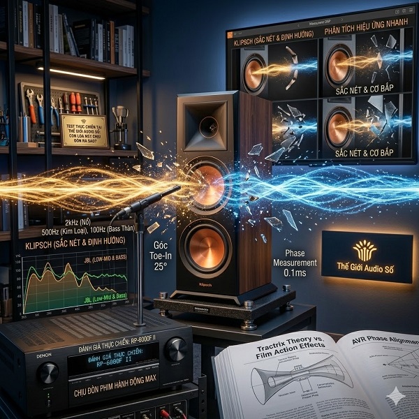 Ảnh thực tế hệ thống âm thanh 5.1 dùng loa Klipsch RP-6000F II để tăng tốc độ mở sân khấu và xác định tiếng nói.